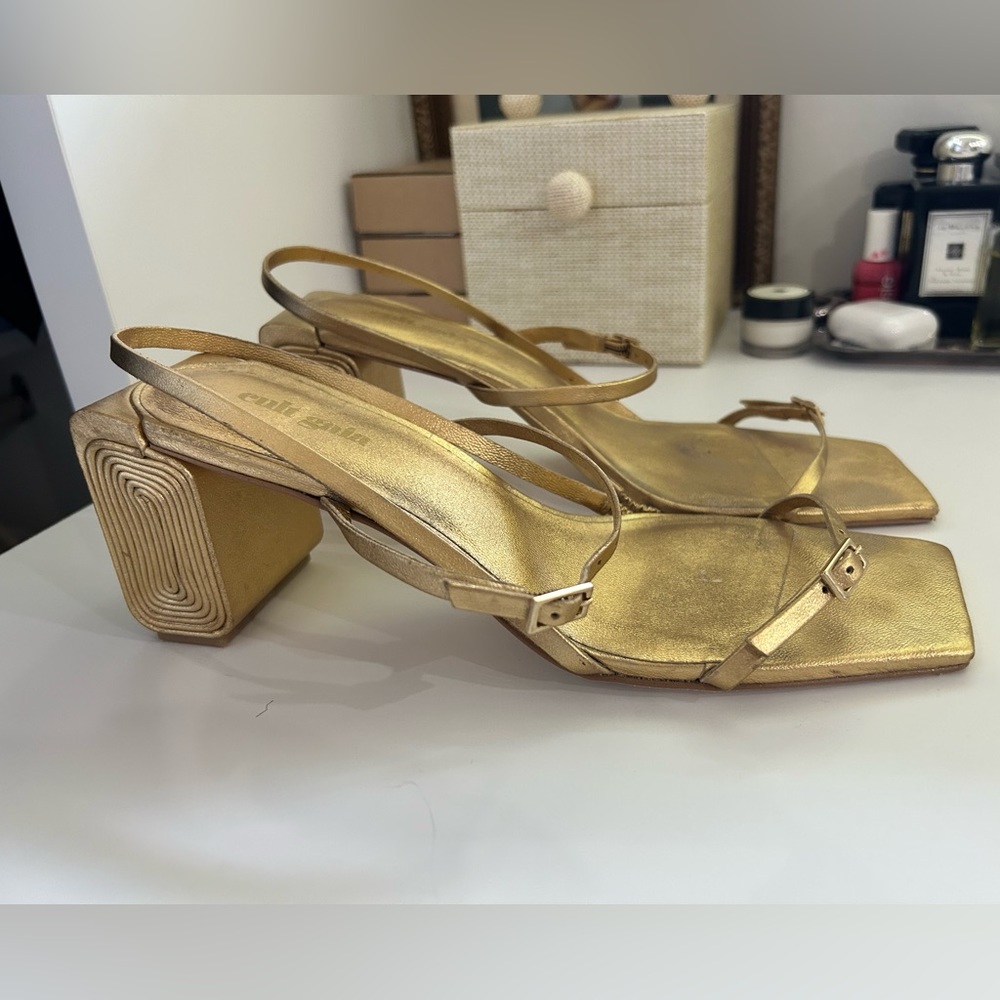 Cult Gaia gold spiral block heel sandals